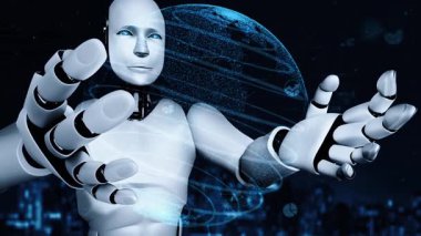 Future financial technology controll by AI robot huminoid uses machine learning and artificial intelligence to analyze business data and give advice on investment and trading decision . 3D rendering .