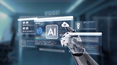 Holografik yapay zeka veri analiz arayüzü ile etkileşime geçen robot bir el, teknolojinin ve yeniliğin geleceğini parlak bir ofis ortamında somutlaştırıyor. Auvana