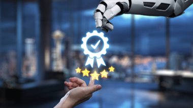 Robot bir el, modern ofis ortamında tanınmayı ve ilerlemeyi simgeleyen, insan eline beş yıldızlı dijital bir mükemmellik rozeti sunar. Auvana