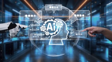 İnsan eliyle robot kol arasındaki etkileşimin çarpıcı bir tasviri, yapay zekanın modern iletişim ve teknolojiye entegrasyonunu gösteriyor. Auvana