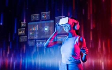 Genç bir kadın, gelecekteki gelişmeler için yapay zeka kavramlarını ve veri analizlerini araştıran canlı bir dijital ortamda gelişmiş sanal gerçeklik teknolojisiyle etkileşime geçiyor. XDMCP