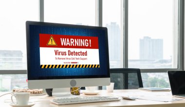 Bilgisayar ekranındaki virüs uyarısı mobil siber tehdit, hacker, bilgisayar virüsü ve kötü amaçlı yazılım tespit edildi