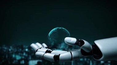 Gelecekçi robot yapay zeka yapay zeka yapay zekayı aydınlatıyor ve makine öğrenme kavramını geliştiriyor. İnsan hayatının geleceği için küresel robot biyonik bilim araştırması. 3B görüntüleme grafiği.