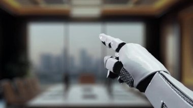 Gelecekçi bir robot eli modern bir konferans odasında ileri veri görselleştirme arayüzü ile etkileşime girer, dijital elementler ve teknolojide yenilikler sergiler. Auvana