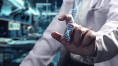 Doktorun oturduğu yeri kapatın ve DNA örneği hologramının yüzdüğünü ve tıbbi verilere erişimini gösterin. Teknoloji yeniliklerini kullanarak genetik bozuklukları kontrol eden profesyonel bir tıp çalışanı. İyileştirici.