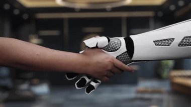İnsan eli ve robot kolu, modern servis değerlendirmesinde müşteri geribildirim ve robotik teknolojinin etkileşimini gösteren bir tokalaşmaya girişirler. Auvana