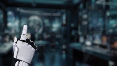 Pürüzsüz, fütüristik bir arayüz, modern bir çalışma alanında dijital ekranla uğraşan robotik bir elin yer aldığı yapay zeka ölçümleri ve veri analizlerini sergiliyor. Auvana