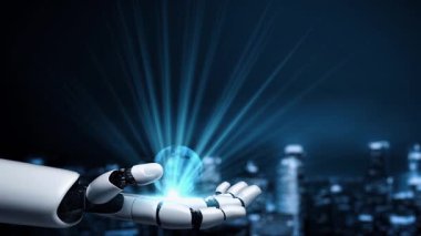 Gelecekçi robot yapay zeka yapay zeka yapay zekayı aydınlatıyor ve makine öğrenme kavramını geliştiriyor. İnsan hayatının geleceği için küresel robotik blok zincir bilimi araştırması. 3B görüntüleme grafiği