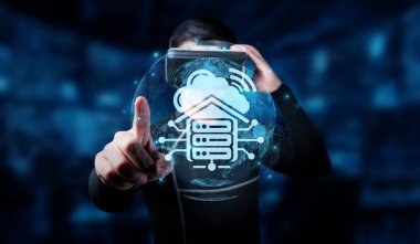 Bir dijital sunucu simgesinin ve gelecekteki bir arkaplan karşısında sanal bir arayüzle etkileşime giren bir kişinin bulut hesaplamasının görsel bir temsili. XDMCP