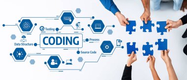 Bu resim, yazılım geliştirmede takım çalışmasını vurguluyor ve ellerle bulmaca parçalarını birleştiriyor, kodlama sürecini ve veri yapısını sembolize ediyor. Dostluk