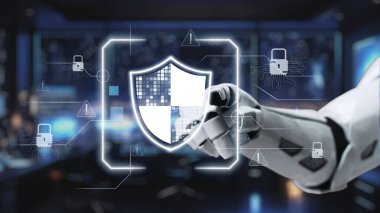 Fütürist bir robotik kol, teknolojik olarak gelişmiş bir kontrol odasında, siber güvenlik ve yeniliğin evrimini temsil eden bir dijital güvenlik kalkanı ikonu ile etkileşime girer. Auvana