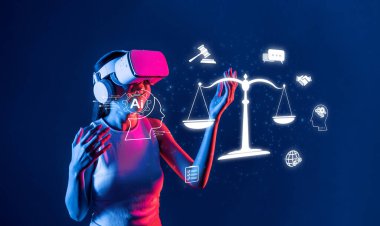 VR kulaklık takan bir kadın, dijital çağın hukuki zorluklarını vurgulayarak hukuku, etiği ve yapay zekayı temsil eden holografik sembollerle etkileşime giriyor. XDMCP