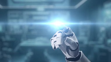 Bir robot el, dijital simgeler ve grafiklerle çevrili parlayan bir yapay zeka arayüzü ile etkileşime girer ve çağdaş bir çalışma alanında geleceğin teknolojisini ön plana çıkarır. Auvana