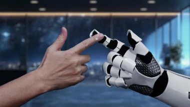Modern bir çalışma alanındaki veri görselleştirmeleriyle çevrili dijital bir hedefe yönelik insan ve robot eller arasındaki işbirliğini gösteren dinamik bir sahne. Auvana