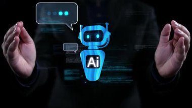 Yapay zeka sanal asistanı Chatbot ile yapay zeka konsepti ile insan etkileşimi, yapay zeka mühendisliği, LLM yapay zeka derin öğrenimi iş desteği için üretken yapay zeka kullanımı. Kullanıcı Kimliği