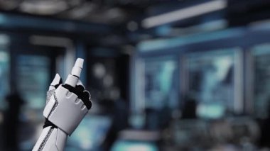Pürüzsüz bir robot el, modern dijital ortamda veri alışverişini ve bağlantıyı temsil eden, teknoloji entegrasyonunu gösteren parlak bulut sembollerine işaret ediyor. Auvana