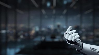 Fütüristik bir robot el, modern bir ortamda çeşitli büyüme ölçümleri ve analitikler sunarak, veri görselleştirmesi ve yükselen eğilimlerin dijital bir karışımını sergiliyor. Auvana