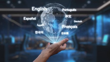Bir el, küresel iletişimin özünü ve günümüz dünyasındaki çok dilli etkileşimlerin önemini gösteren çeşitli dilleri gösteren bir küreye uzanıyor. Auvana