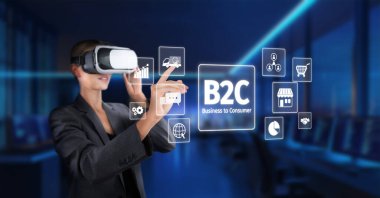 Bir iş adamı, modern bir çalışma alanında yenilikçi teknolojiyle iş dünyasının tüketici etkileşimleri ve pazarlama görselleştirmeleri için sanal gerçekliği kullanır. XDMCP