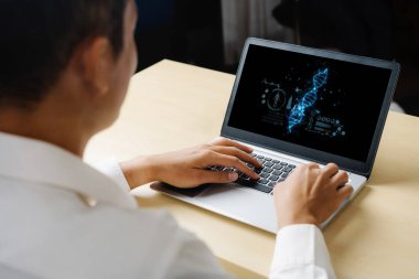 Tıp bilimi teknolojisi ve fütüristik sağlık sanal bilgisayar yazılımı insan sağlığını analiz ediyor ve doktor verileri ve tıbbi araştırmalar için hastalık teşhisi koyuyor. canlı