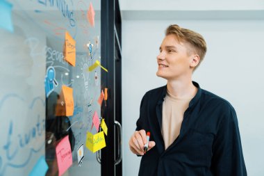 Kafkasyalı profesyonel iş adamının zihin haritası ve renkli yapışkan notlar kullanarak iş pazarlama fikrini kendine güvenle sunuşunun yakın görüntüsü. Proje konseptini başlat. Portre. Tertemiz..