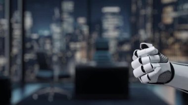 Bir robot el, şeffaf dijital veri görselleştirmeleri ile etkileşime girer, 2026 için parlak ve modern ofis ortamında finansal trendler ve tahminler sergiler. Auvana