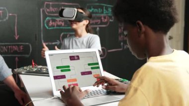 Afrikalı erkek programlama sistemi, beyaz bir kız karatahtanın başında mühendislik kodlarıyla otururken metaverse 'e giriyor. Liseli kız STEM teknolojisinde VR ya da kulaklık takıyor. Öğretim