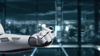 Gösterişli bir robot el, modern bir şehir zeminine karşı teknoloji ve iş temalarını tasvir eden, çeşitli alanlardaki yenilikleri ve ilerlemeyi sembolize eden parlak simgelere işaret ediyor. Auvana