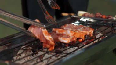 Grilled food of family celebration anniversary. Family have dinner party in garden. Outdoor camping activity relax with tasty food and spend time with cute relatives cross generation gap. Divergence.