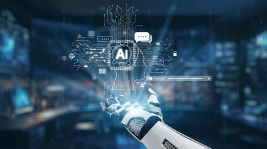 Yapay zekayı temsil eden, veri bağlantılarını ve teknolojideki modern iletişimi gösteren dijital sembollere doğru uzanan bir robot elin yenilikçi tasviri. Auvana