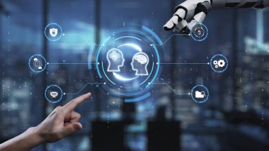 Teknoloji ve yeniliğin vurgulandığı modern bir ofis zeminine kurulmuş, insanlar ve robotlar arasındaki etkileşimi gösteren ayrıntılı bir çizim. Auvana