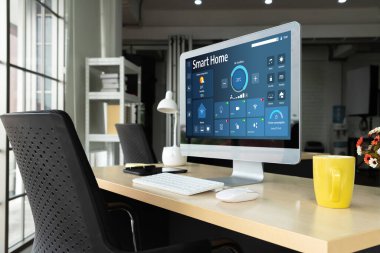 Smart home technology, centric remote control system with digital dashboard for air conditioning, safety security network or house automation. App software, ui panel programming IOT monitor snugly