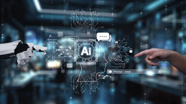 Bu resim insan eliyle robot el arasındaki etkileşimi gösteriyor, yapay zeka ve teknoloji arasındaki bağlantıyı vurguluyor. Auvana