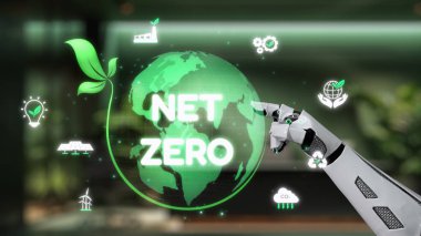 Fütürist bir robot el, net sıfıra olan bağlılığı simgeleyen ve sürdürülebilir gelişimin ve yeşil teknolojinin önemini vurgulayan parıldayan bir küreyi işaret ediyor. Auvana