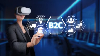 Bir işletme profesyoneli, modern ve dinamik ofis ortamında yenilikçi pazarlama stratejileri sergileyerek B2C müşterileriyle bağlantı kurmak için sanal gerçeklikten yararlanır. XDMCP