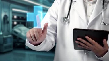 Tıbbi haçı işaret ederken ve laboratuvarda geçmişi bulanık dururken, elinde tablet bulunan yetenekli doktorlara yakın çekim yapın. Tıbbi çalışanlar tıbbi verileri analiz edip bağlantı kuruyor. İyileştirici.