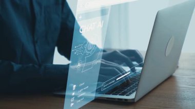 Modern Business Professional Engving with AI Technology on Laptop DisChat Interface ve Digital Innovation Concept in a Bright Workspace. Dörtgen.