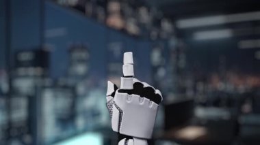 Fütüristik bir robot el, bir ofis ortamında modern bağlantı ve veri yönetim eğilimlerini yansıtan dijital bulut sembolleriyle etkileşerek yenilikçi teknoloji sergiliyor. Auvana