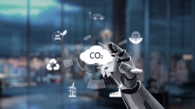 Fütürist bir robot el, karbondioksit azaltımı, sürdürülebilirlik ve temiz enerji gibi çevresel temalar sergileyen dijital simgelerle uğraşır. Auvana