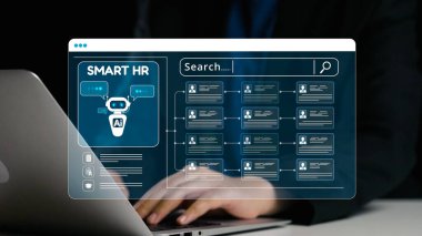 İnsan kaynakları yönetimi için yapay zeka teknolojisi sunan modern bir dijital çalışma alanı, işe alım ve verimliliği artırmak için arama yetenekleri ve veri görselleştirmesi içeriyor. Dörtgen