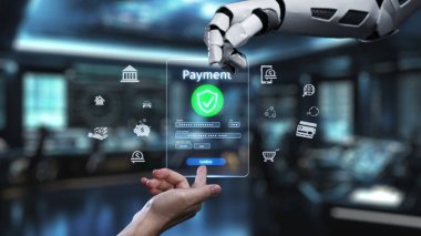 Finansal işlemlerdeki modern teknoloji ve güvenliği ön plana çıkaran dijital ödeme arayüzü üzerinde bir robot eli asılı duruyor. Auvana