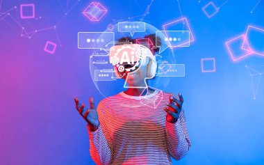 Bir kişi ve üretici yapay zeka teknolojisi arasındaki yenilikçi etkileşimi sanal gerçeklik ortamında keşfedin, dijital iletişimin ve otomasyonun geleceğini vurgulayın. XDMCP