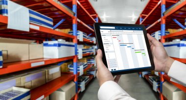 Ekip projesinin zaman çizelgesini gösteren bilgisayar ekranında, modern iş projesi yönetimi için proje planlama yazılımı