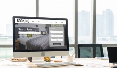 Çevrimiçi otel konaklama rezervasyon sitesi mod rezervasyon sistemi sağlar. Seyahat teknolojisi kavramı .