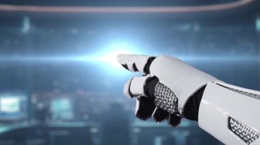 Robot bir el, yüksek teknolojili bir kontrol odasındaki dijital ödeme arayüzüne işaret ederek, güvenli işlemler için finansal teknolojideki gelişmeleri ve özellikleri gösteriyor. Auvana
