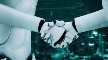 Future financial technology controll by AI robot huminoid uses machine learning and artificial intelligence to analyze business data and give advice on investment and trading decision . 3D rendering .