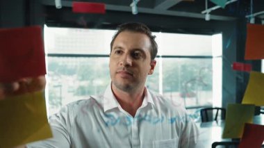 Profesyonel erkek lider yapışkan notlar üzerine pazarlama fikri yazıyor. Kafkasyalı işadamı cam duvarda renkli yapışkan notlar kullanırken pazarlama kampanyasını düşünüyor. - Yakın çekim. Yönlendirici.