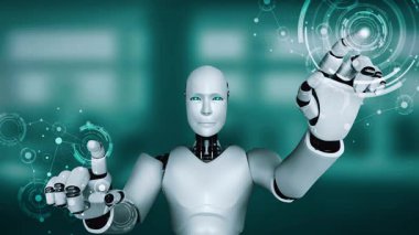 Future financial technology controll by AI robot huminoid uses machine learning and artificial intelligence to analyze business data and give advice on investment and trading decision . 3D rendering .