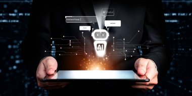 Yapay zeka sanal asistanı Chatbot ile yapay zeka konsepti ile insan etkileşimi, yapay zeka mühendisliği, LLM yapay zeka derin öğrenimi iş desteği için üretken yapay zeka kullanımı. FaaS