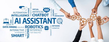 Bu resim, el ele tutuşan yapay zeka asistanlarının modern bir konseptini gösteriyor, teknoloji, otomasyon ve akıllı çözümlerdeki işbirliğini sembolize ediyor. Dostluk